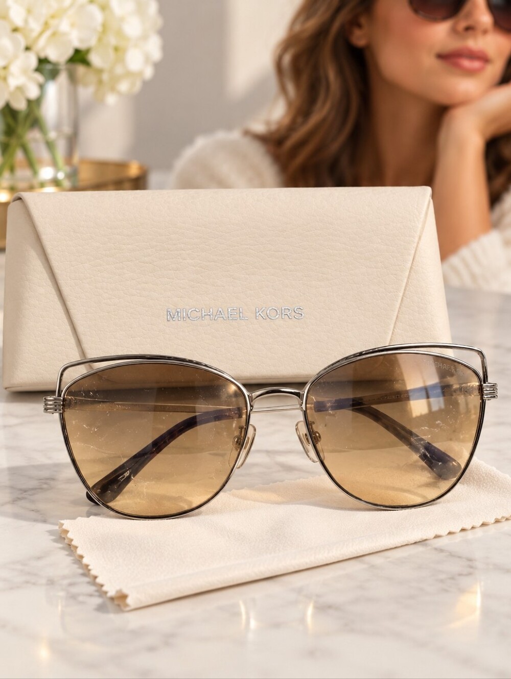 Michael Kors Cream Leather Sunglass Case And Cat Eyed Glasses